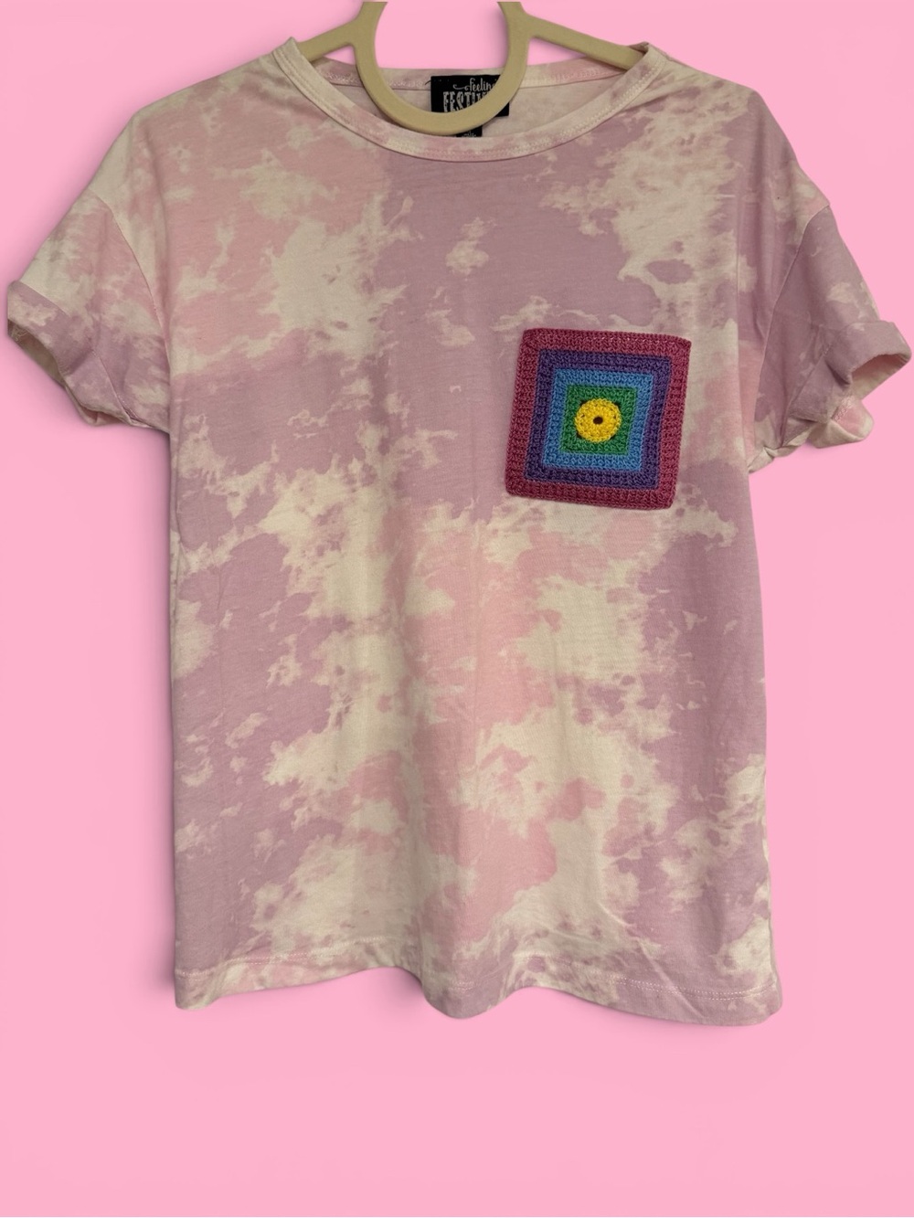 Festive- Women’s Relaxed Fit Tie-Dyed T-Shirt with Crocheted Pocket, Size Medium